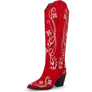 Women's Red Knee High Cowgirl Pointed Toe Chunky Heel Embroidery Boots